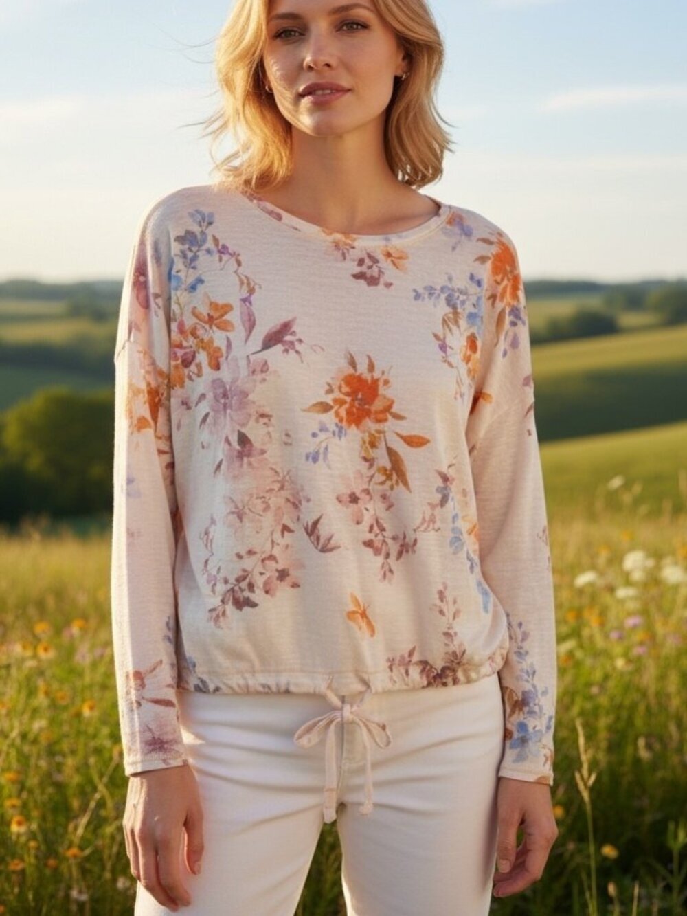 Sundance Pale Pink Floral Linen Knit Top XS Drawstring Hem Lightweight Sweater